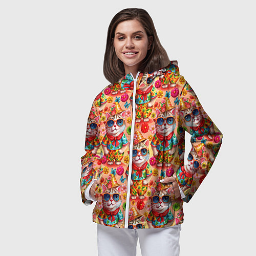 Женская ветровка Коты и летний вайб паттерн / 3D-Белый – фото 3