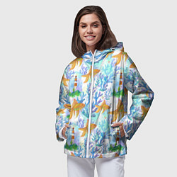 Ветровка с капюшоном женская Золотая рыбка и кораллы акварельные, цвет: 3D-белый — фото 2