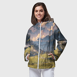 Ветровка с капюшоном женская Зелёное поле и небо - аниме, цвет: 3D-белый — фото 2