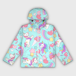Ветровка с капюшоном женская Единорог мороженое конфета и сердечки на голубом ф, цвет: 3D-белый