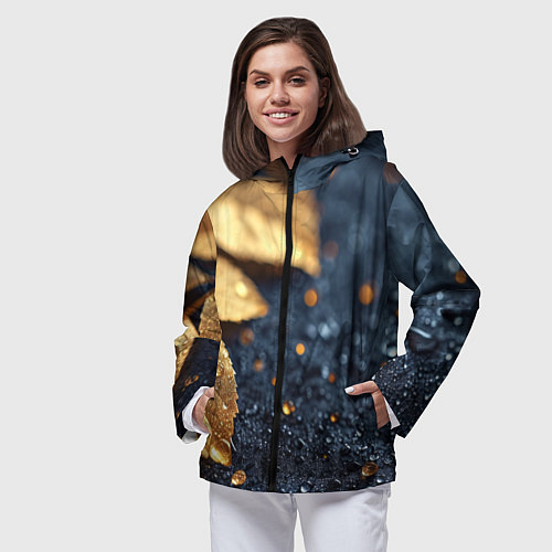 Женская ветровка Золотые листья на темном фоне / 3D-Черный – фото 3