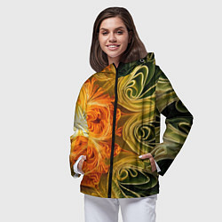Ветровка с капюшоном женская Зелено-оранжевый фрактал, цвет: 3D-черный — фото 2