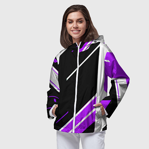 Женская ветровка Бело-фиолетовые полосы на чёрном фоне / 3D-Белый – фото 3