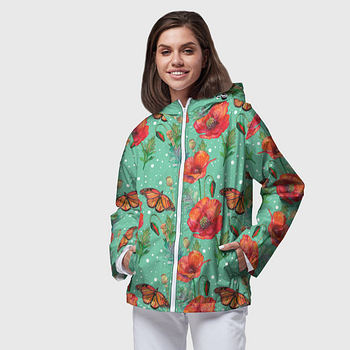 Женская ветровка Красные маки и бабочка монарх / 3D-Белый – фото 3