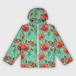 Ветровка с капюшоном женская Красные маки и бабочка монарх, цвет: 3D-белый