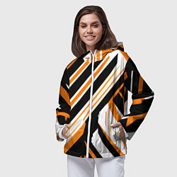 Ветровка с капюшоном женская Чёрно-оранжевые полосы на белом фоне, цвет: 3D-белый — фото 2