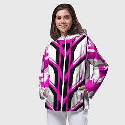 Ветровка с капюшоном женская Чёрно-розовые полосы на белом фоне, цвет: 3D-белый — фото 2