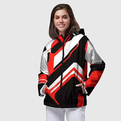 Женская ветровка Бело-красные линии на чёрном фоне / 3D-Черный – фото 3