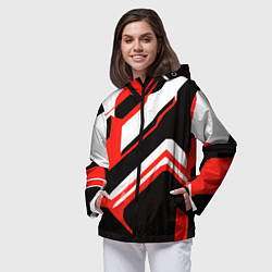 Ветровка с капюшоном женская Бело-красные линии на чёрном фоне, цвет: 3D-черный — фото 2