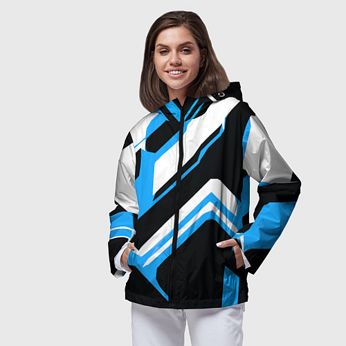 Женская ветровка Бело-голубые линии на чёрном фоне / 3D-Черный – фото 3