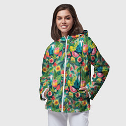 Ветровка с капюшоном женская Летние тропические котики с арбузным коктейлем, цвет: 3D-белый — фото 2