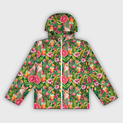 Ветровка с капюшоном женская Летний котик с коктейлем в тропических цветах, цвет: 3D-белый