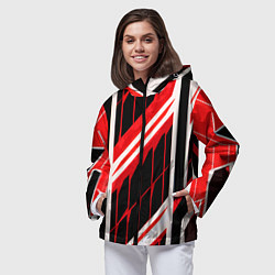 Ветровка с капюшоном женская Red and white lines on a black background, цвет: 3D-черный — фото 2