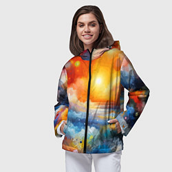 Ветровка с капюшоном женская Закат солнца - разноцветные облака, цвет: 3D-черный — фото 2