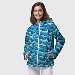 Ветровка с капюшоном женская Абстрактный волнистый узор в синих тонах, цвет: 3D-белый — фото 2