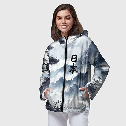 Женская ветровка Японский пейзаж - нейросеть / 3D-Черный – фото 3