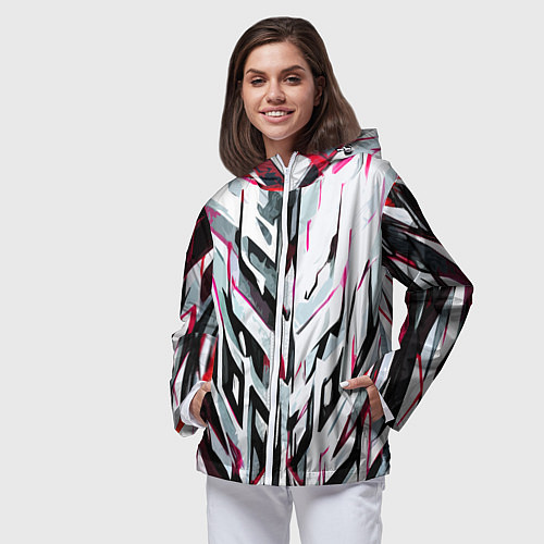 Женская ветровка Хаотичная красно-белая абстракция / 3D-Белый – фото 3