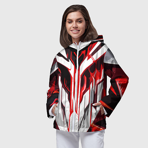 Женская ветровка Хаотичная красно-белая абстракция на чёрном фоне / 3D-Белый – фото 3