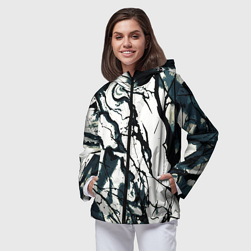 Женская ветровка Абстрактная текстура мрамор белый с тёмно-синим / 3D-Черный – фото 3