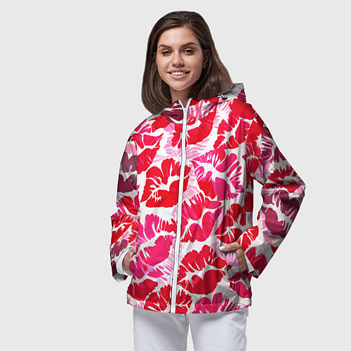 Женская ветровка Девчачьи отпечатки красных губ - подарок любви / 3D-Белый – фото 3