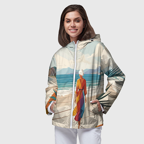 Женская ветровка Летний пейзаж с женщиной на пляже / 3D-Белый – фото 3