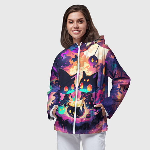 Женская ветровка 2 котика ведьмы / 3D-Белый – фото 3