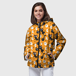 Ветровка с капюшоном женская Паттерн с черными кошками, цвет: 3D-черный — фото 2
