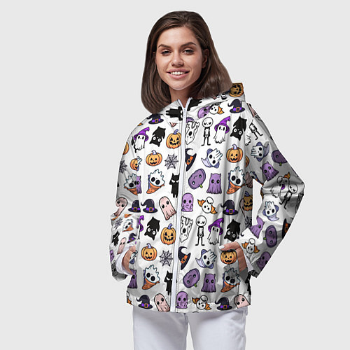 Женская ветровка Кавайный хэллоуин - призраки и черепа на белом фон / 3D-Белый – фото 3
