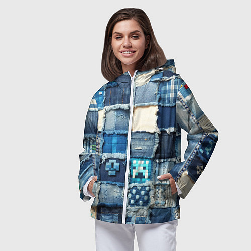 Женская ветровка Minecraft на пэчворк дениме / 3D-Белый – фото 3