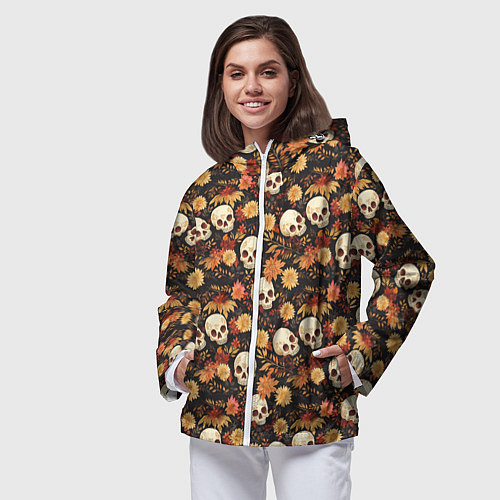Женская ветровка Черепа и цветы - паттерн / 3D-Белый – фото 3