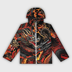 Ветровка с капюшоном женская Огненные драконы в стиле тату ирезуми на черном, цвет: 3D-белый
