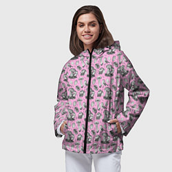 Ветровка с капюшоном женская Малиновка и грибы на розовом, цвет: 3D-черный — фото 2