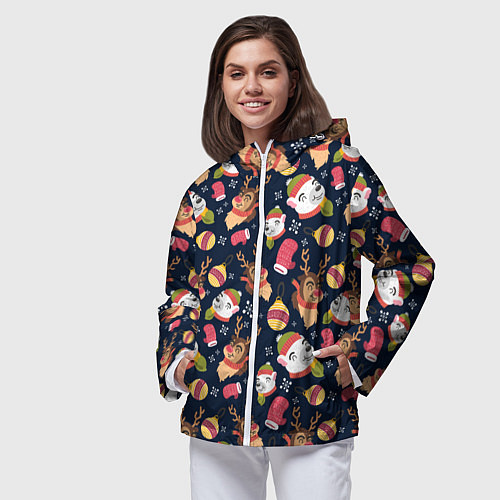 Женская ветровка Новогодний детский паттерн с животными / 3D-Белый – фото 3