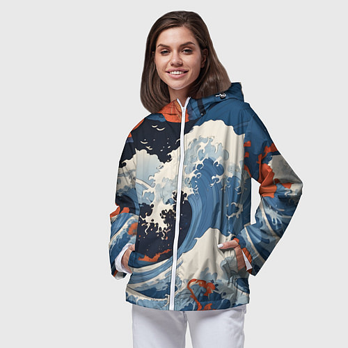 Женская ветровка Япония волны алые цветы / 3D-Белый – фото 3