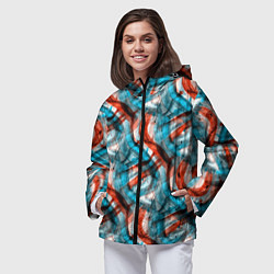 Ветровка с капюшоном женская Акварель голубые и красные мазки, цвет: 3D-черный — фото 2