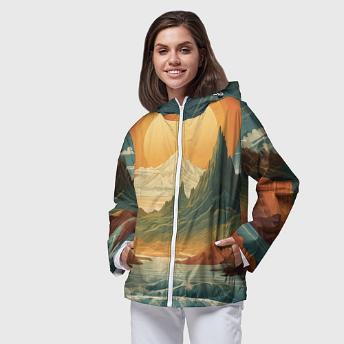 Женская ветровка В теплых горах на закате / 3D-Белый – фото 3