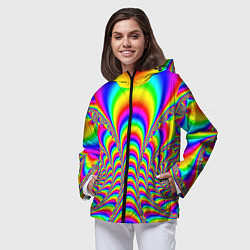 Ветровка с капюшоном женская Оптические иллюзии волны неон, цвет: 3D-черный — фото 2