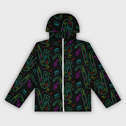 Ветровка с капюшоном женская Неоновый саксофон и музыкальные ноты, цвет: 3D-белый