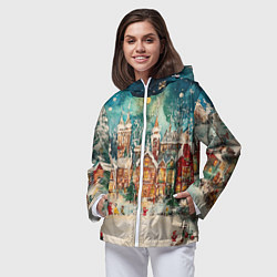 Ветровка с капюшоном женская Новогодний снежный город, цвет: 3D-белый — фото 2