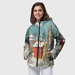 Ветровка с капюшоном женская Праздничный новогодний город, цвет: 3D-черный — фото 2