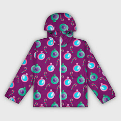 Ветровка с капюшоном женская Новогодний узор с елочными игрушками, цвет: 3D-белый