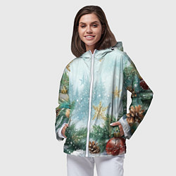 Ветровка с капюшоном женская Золотые снежинки - новогодний фон, цвет: 3D-белый — фото 2