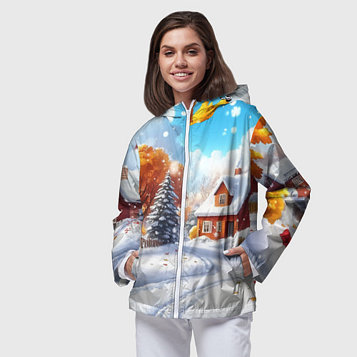 Женская ветровка Новогодний пейзаж и домики / 3D-Белый – фото 3