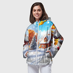 Ветровка с капюшоном женская Новогодний пейзаж и домики, цвет: 3D-белый — фото 2