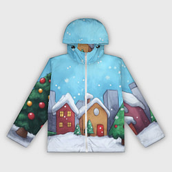 Ветровка с капюшоном женская Домики новогодние, цвет: 3D-белый