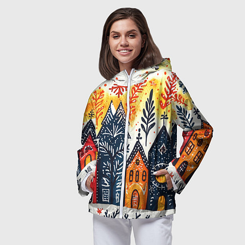 Женская ветровка Разноцветные новогодние дома / 3D-Белый – фото 3
