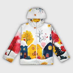 Ветровка с капюшоном женская Желтые и синие новогодние домики, цвет: 3D-белый