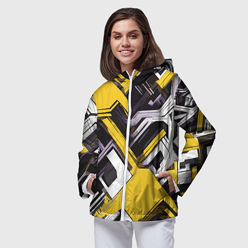 Женская ветровка Бело-жёлтый техно паттерн на чёрном фоне / 3D-Белый – фото 3