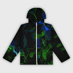 Ветровка с капюшоном женская Сине-зелёные точки и линии на чёрном фоне, цвет: 3D-белый