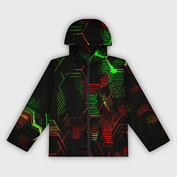Ветровка с капюшоном женская Красно-зелёные точки и линии на чёрном фоне, цвет: 3D-черный